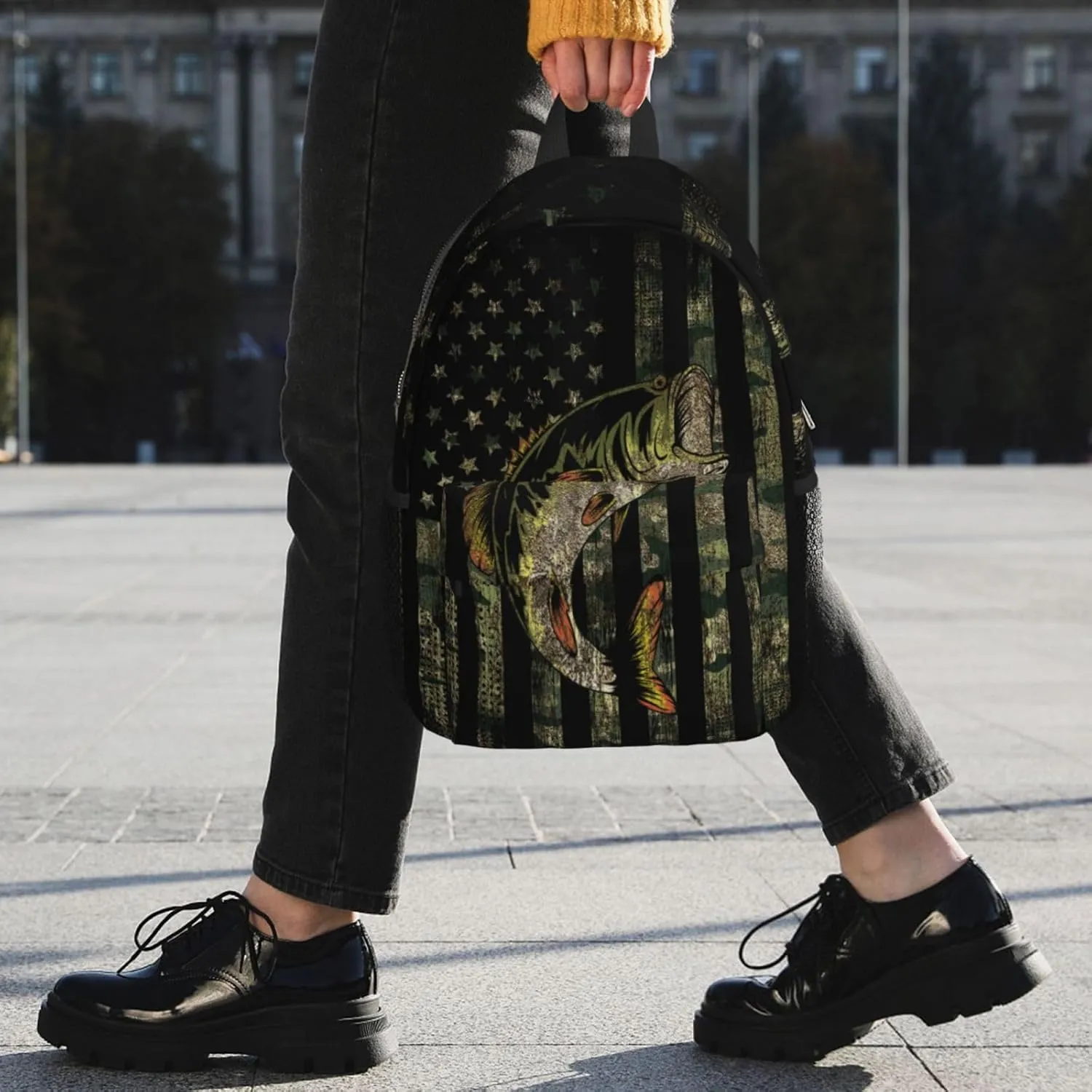 Bass Fishing Camo Camouflage American Flag Green Black Backpack For Teenage Girls And Boys Cute Kids Backpacks Children School Bag