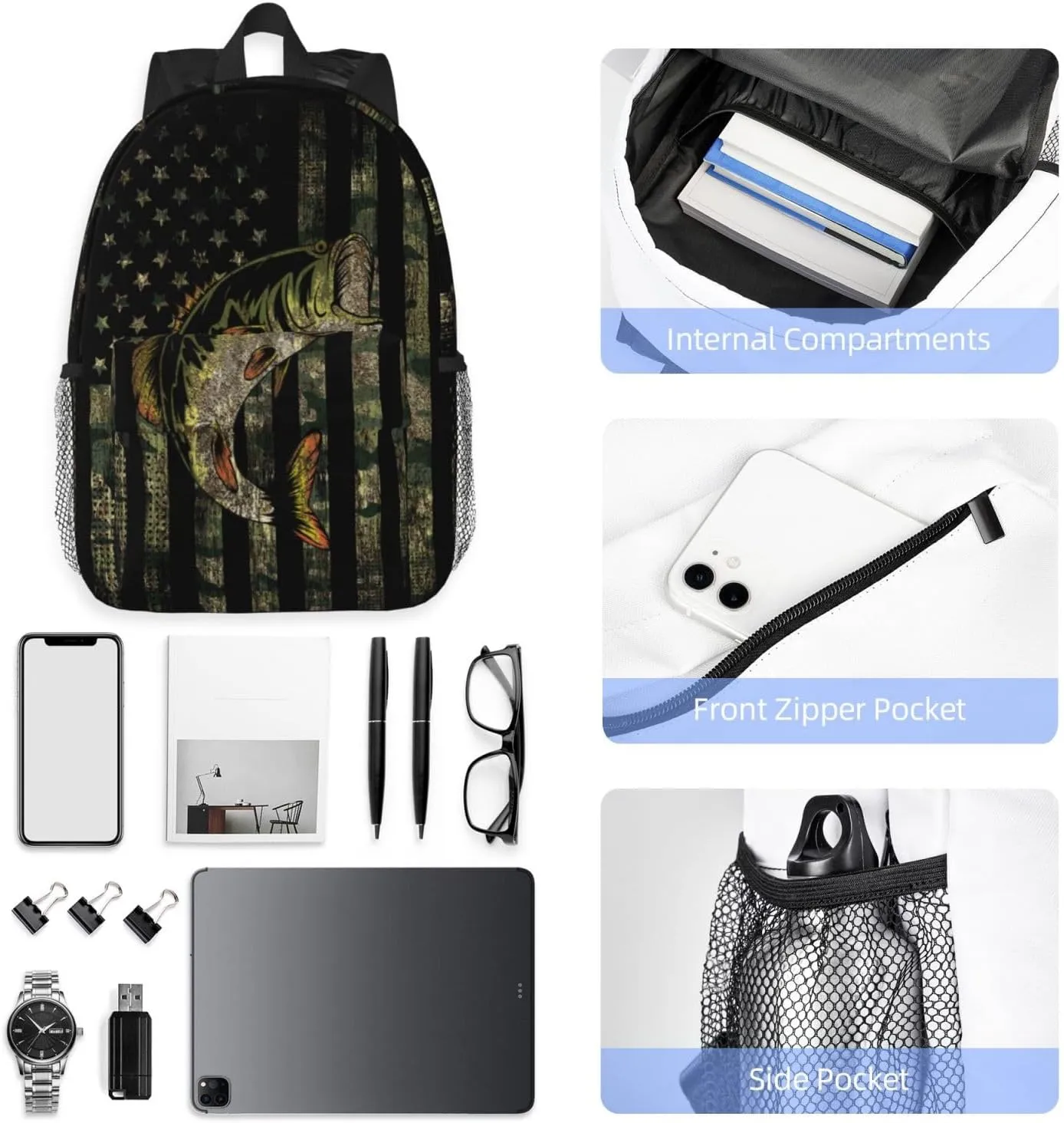 Bass Fishing Camo Camouflage American Flag Green Black Backpack For Teenage Girls And Boys Cute Kids Backpacks Children School Bag