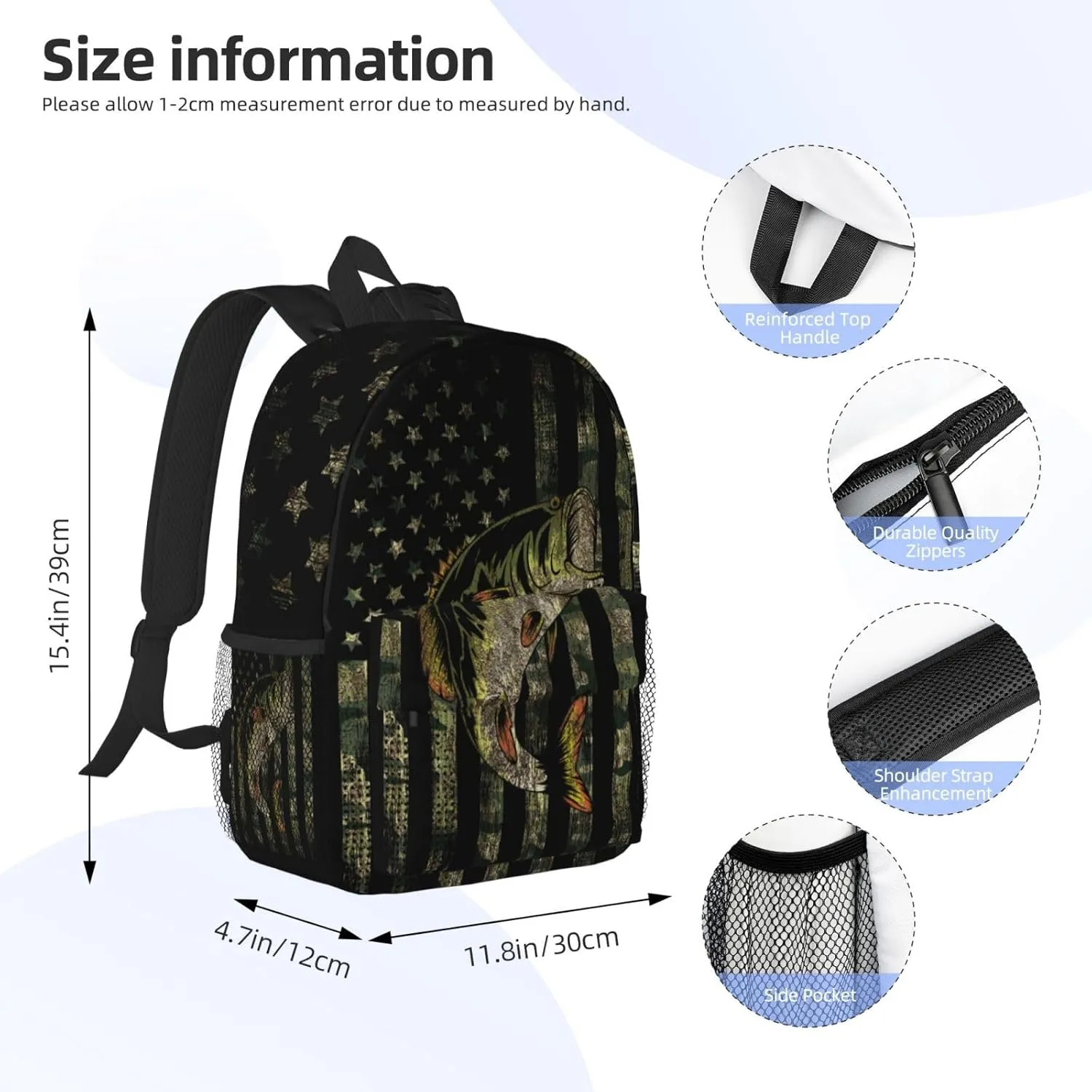 Bass Fishing Camo Camouflage American Flag Green Black Backpack For Teenage Girls And Boys Cute Kids Backpacks Children School Bag