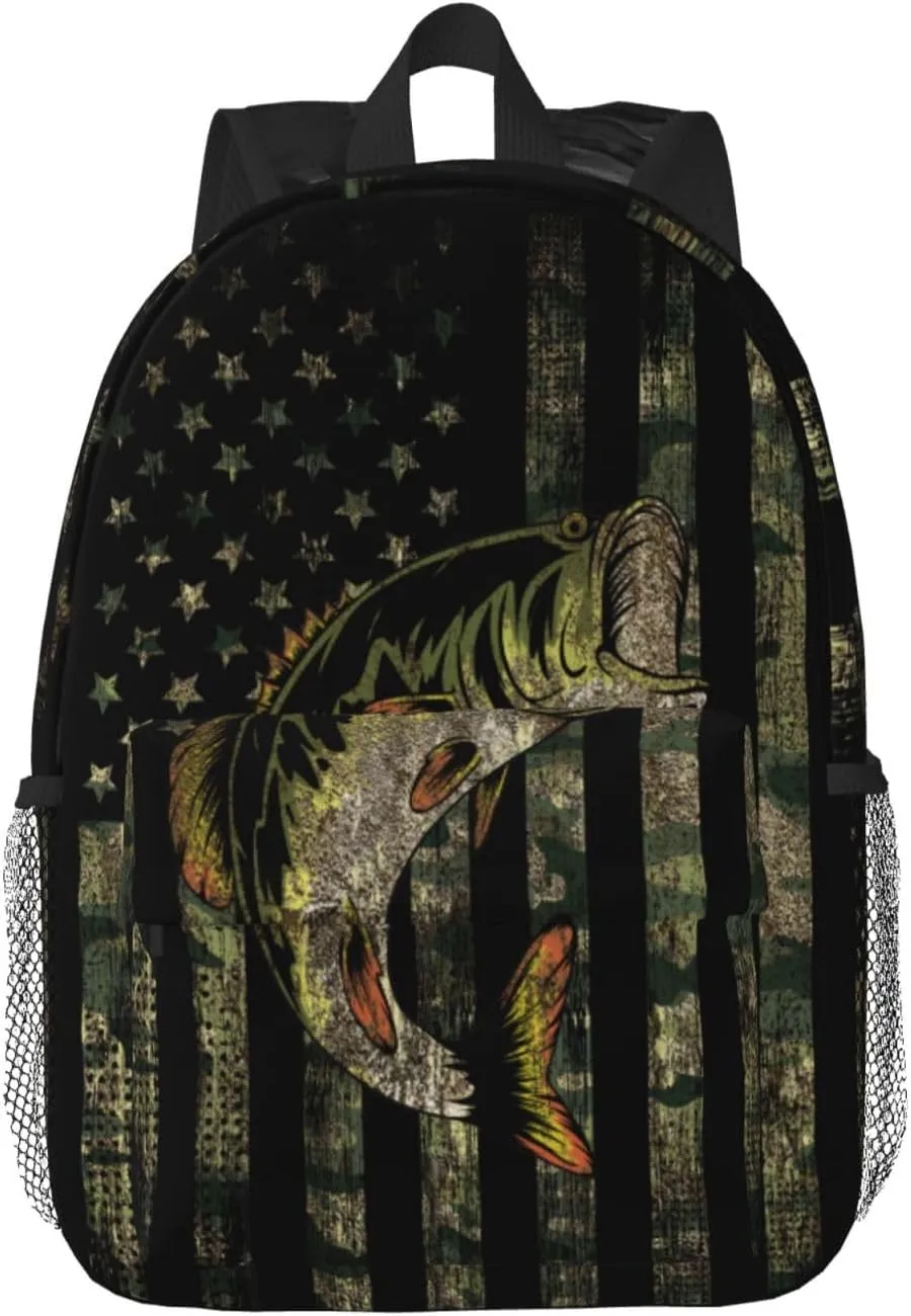 Bass Fishing Camo Camouflage American Flag Green Black Backpack For Teenage Girls And Boys Cute Kids Backpacks Children School Bag