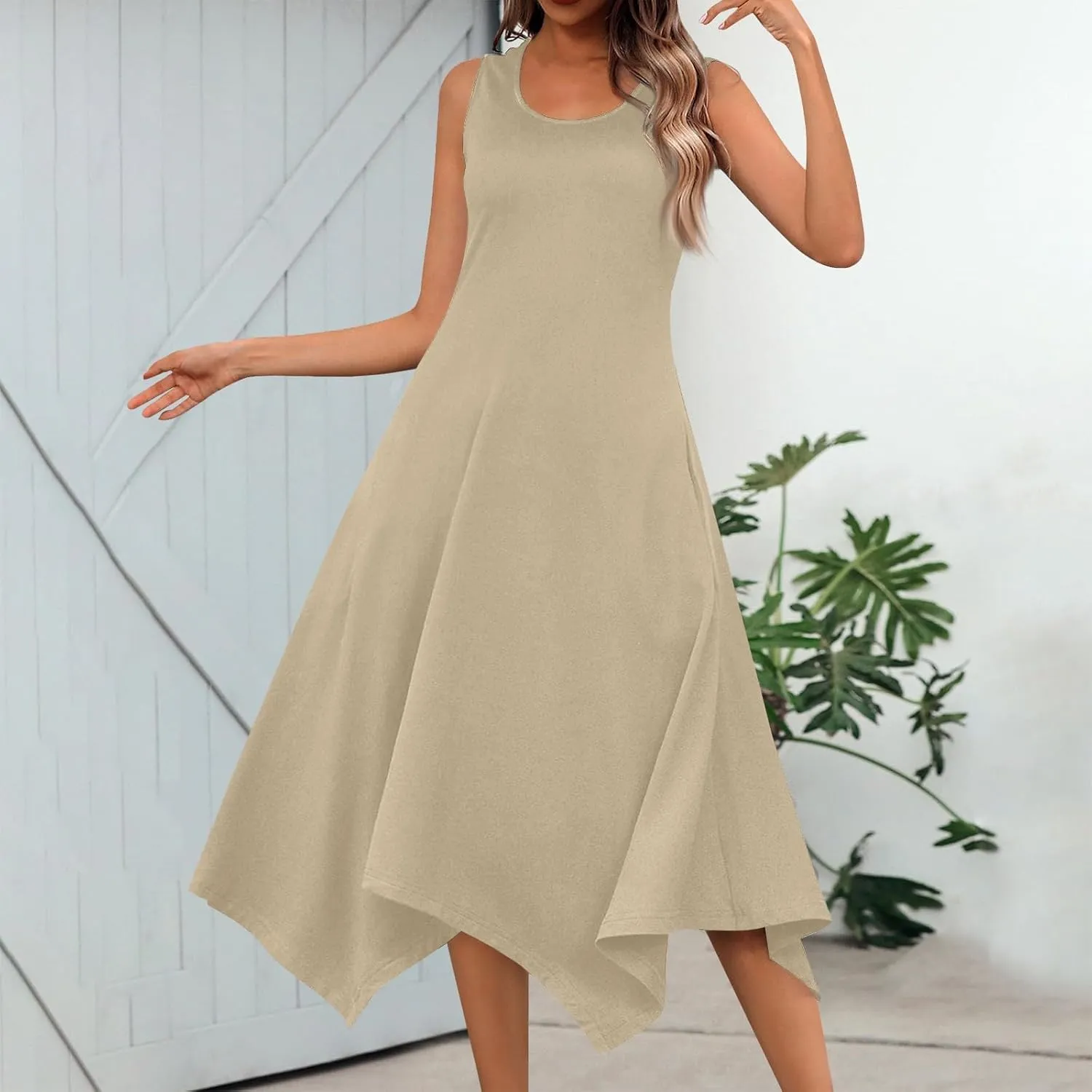 Beach Dresses for Women Spring Summer 2025 Sleeveless Vacation Sundresses Sexy Crewneck Irregular Hem Maxi Dress