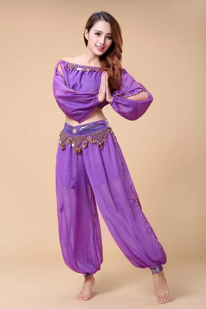Belly Dance Chiffon Long Sleeves Top and Lantern Coins Pants Black, One Size