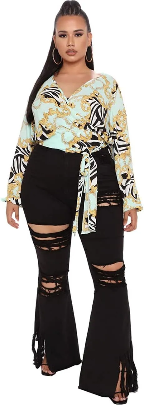 BessCops Plus Size Bell Bottom Jeans for Women Elastic High Waisted Classic Flared Denim Pants