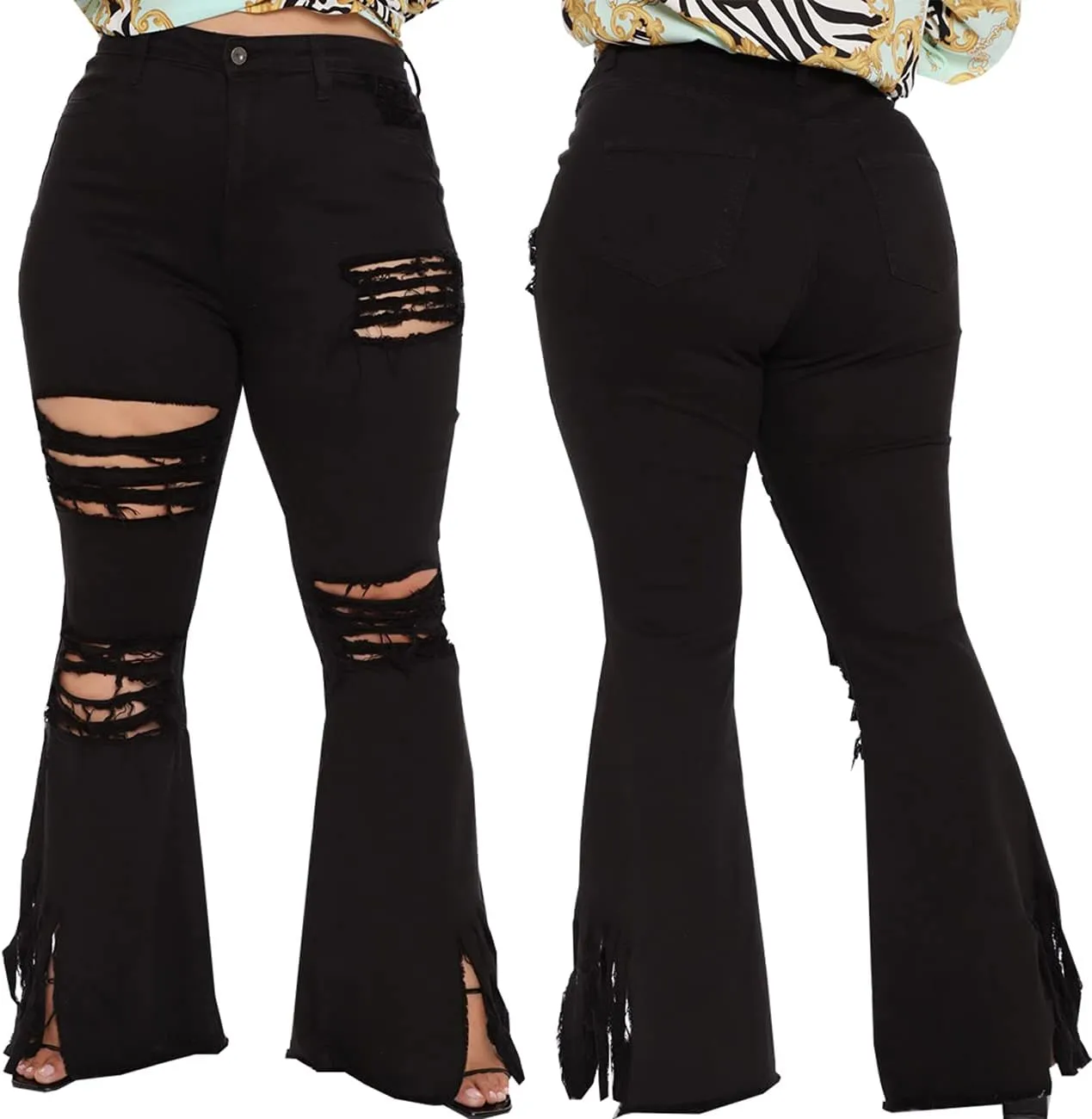 BessCops Plus Size Bell Bottom Jeans for Women Elastic High Waisted Classic Flared Denim Pants