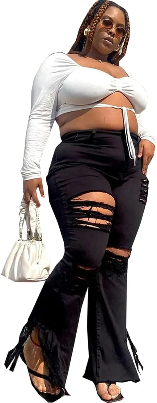 BessCops Plus Size Bell Bottom Jeans for Women Elastic High Waisted Classic Flared Denim Pants