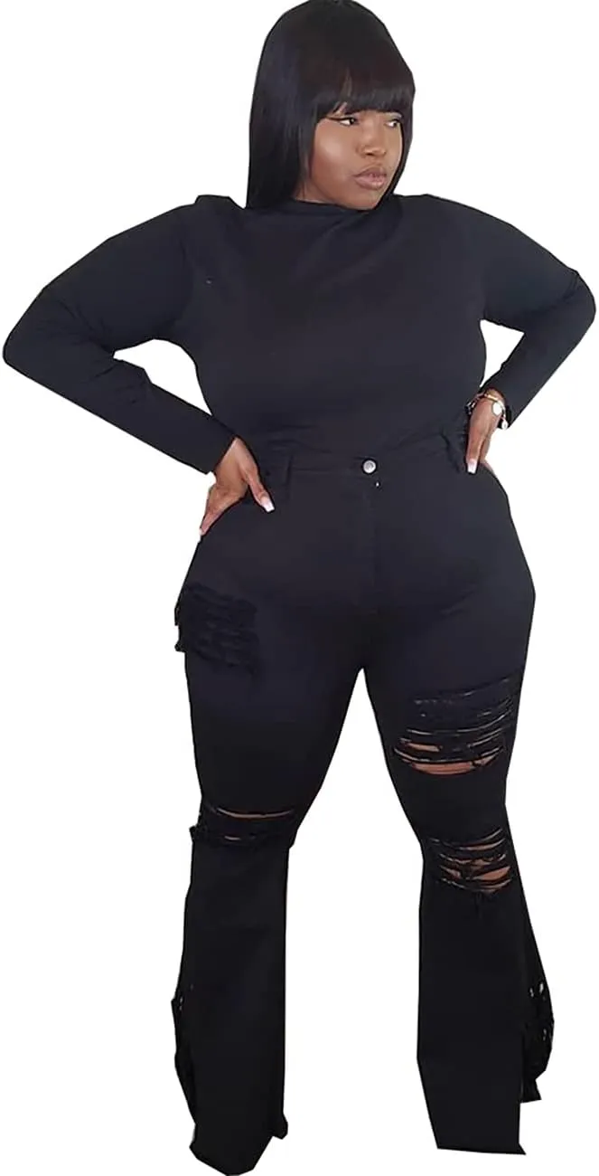 BessCops Plus Size Bell Bottom Jeans for Women Elastic High Waisted Classic Flared Denim Pants