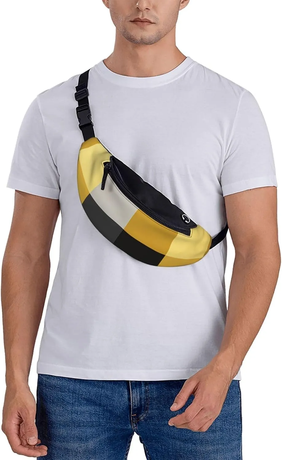 Black Lemon Checkered Print Fanny Pack For Women Men, With Adjustable Strap, Lightweight Waterproof Waist Bag For Sport Walking Running