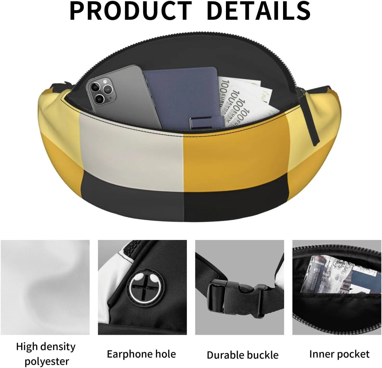 Black Lemon Checkered Print Fanny Pack For Women Men, With Adjustable Strap, Lightweight Waterproof Waist Bag For Sport Walking Running