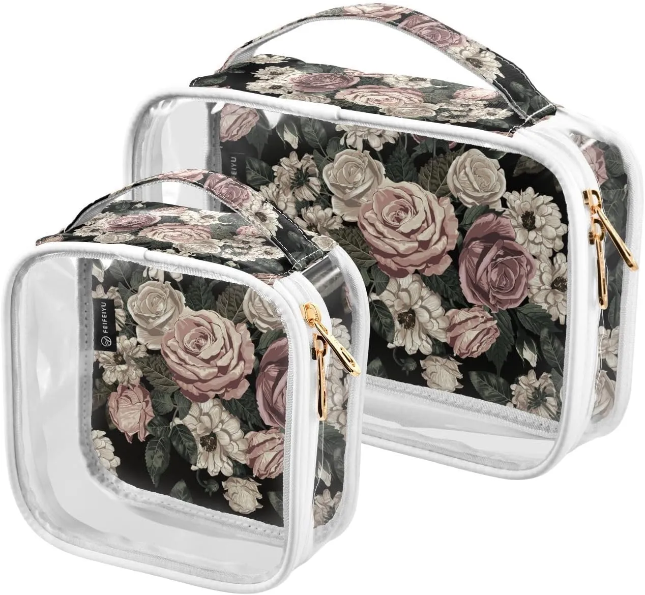 Blush-flowers Print 2 Pack Clear Toiletry Bag Women Men, Portable Waterproof Clear Pouch, Cosmetic Bag with Double Zippers Large Opening Traveling with Handle for Bathroom Traveling Vacation Organizin