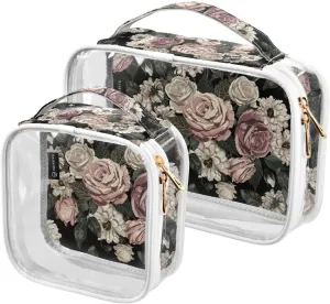 Blush-flowers Print 2 Pack Clear Toiletry Bag Women Men, Portable Waterproof Clear Pouch, Cosmetic Bag with Double Zippers Large Opening Traveling with Handle for Bathroom Traveling Vacation Organizin