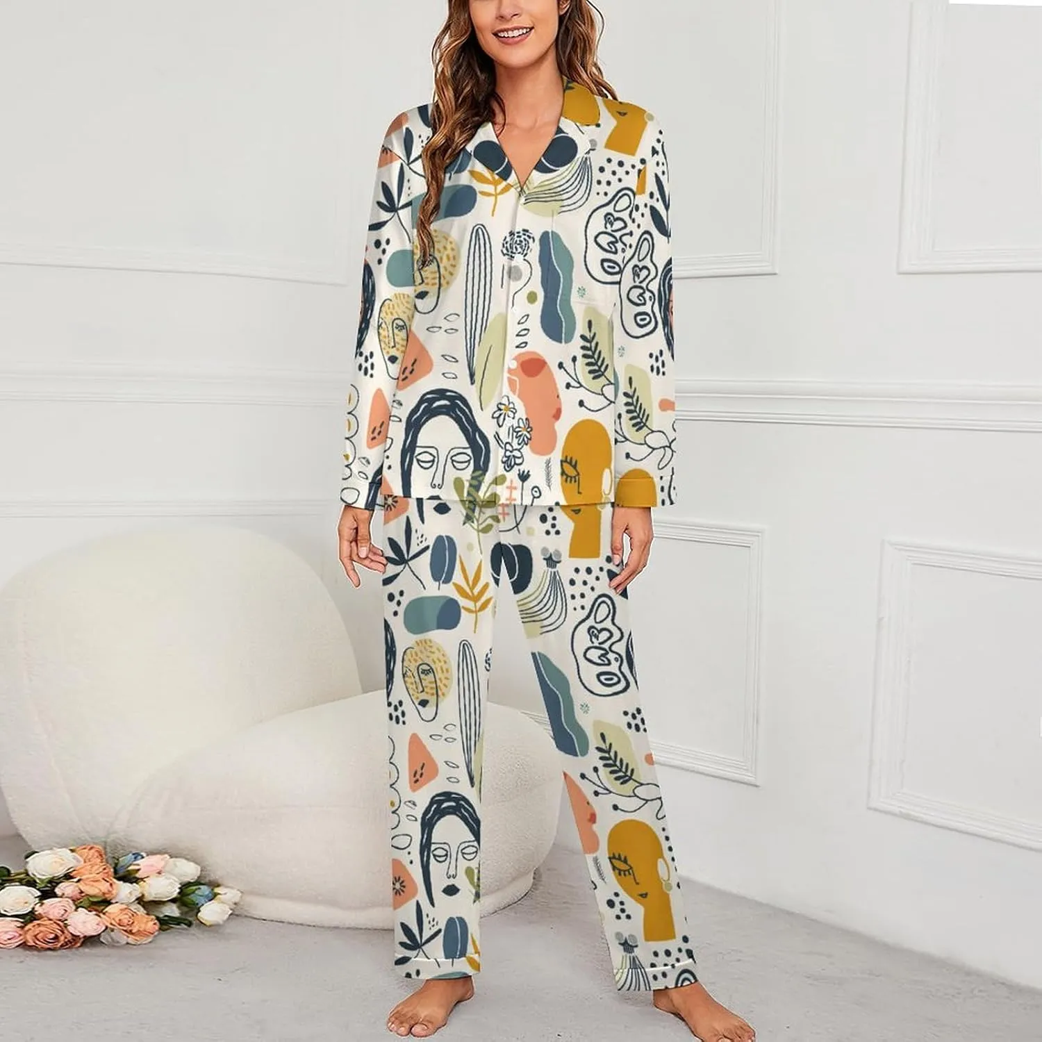 Bohemian Abstract Minimalist Women's Sleepwear Two Piece Pajama Set Long Sleeve Button Loungewear