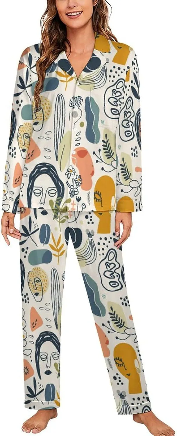 Bohemian Abstract Minimalist Women's Sleepwear Two Piece Pajama Set Long Sleeve Button Loungewear