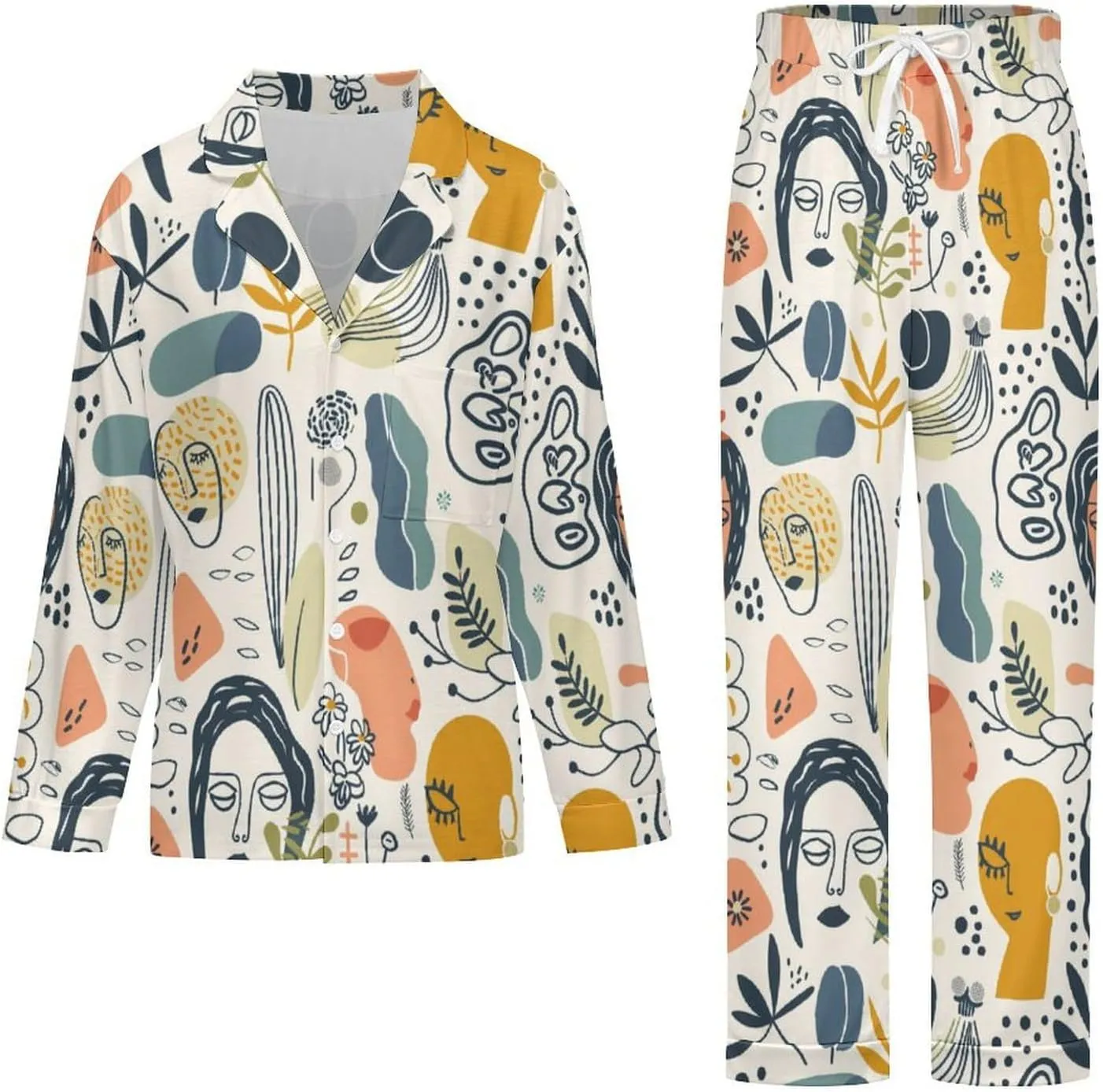 Bohemian Abstract Minimalist Women's Sleepwear Two Piece Pajama Set Long Sleeve Button Loungewear