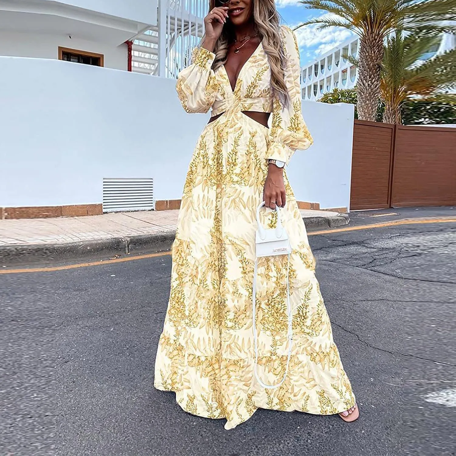 Boho Dresses for Women 2025 Summer Floral V-Neck Sleeves Puff Sleeve Maxi Dresses Flowy Beach Vacation Hawaiian Dress