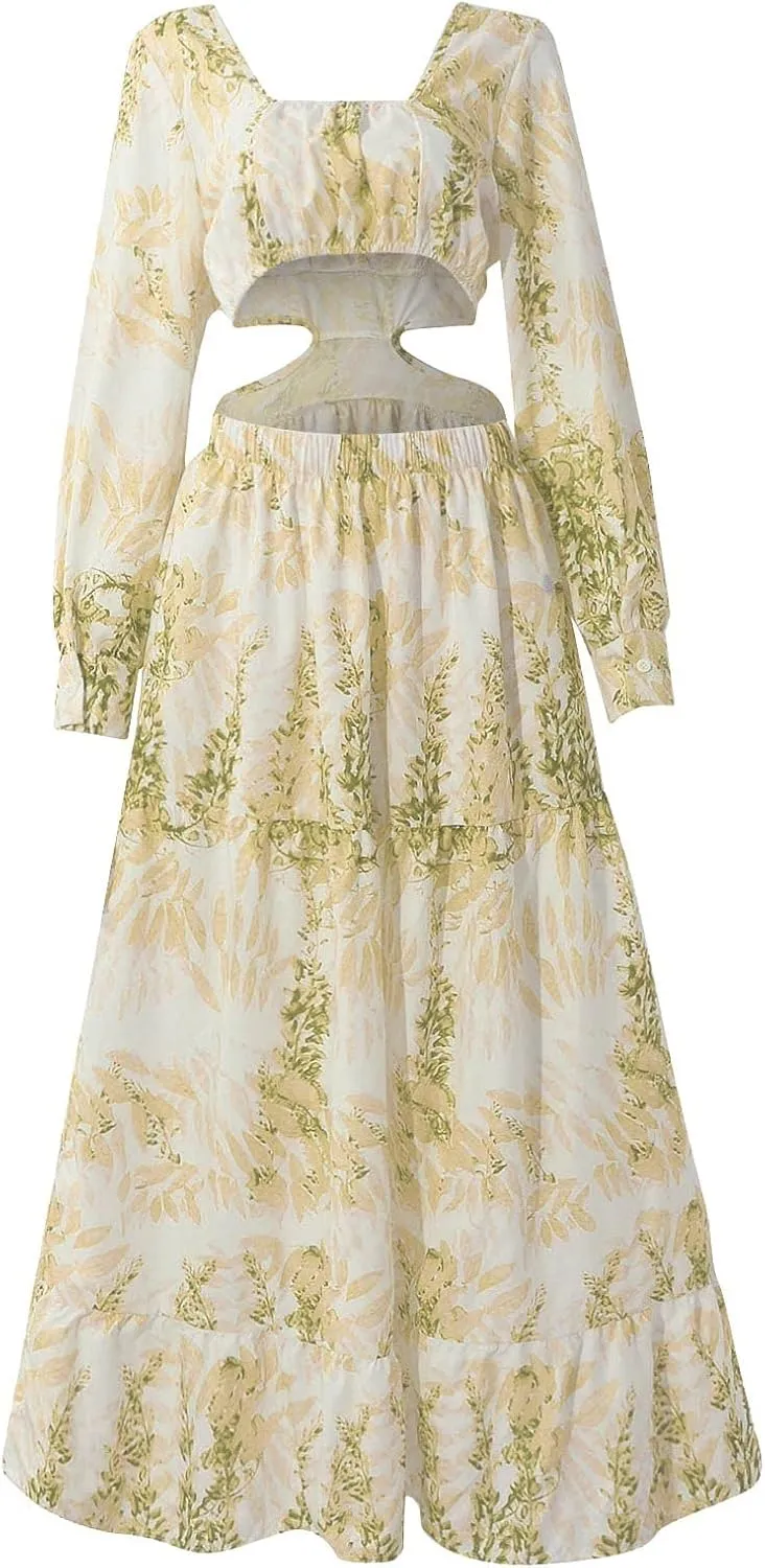 Boho Dresses for Women 2025 Summer Floral V-Neck Sleeves Puff Sleeve Maxi Dresses Flowy Beach Vacation Hawaiian Dress