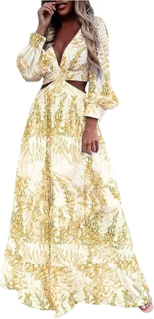 Boho Dresses for Women 2025 Summer Floral V-Neck Sleeves Puff Sleeve Maxi Dresses Flowy Beach Vacation Hawaiian Dress