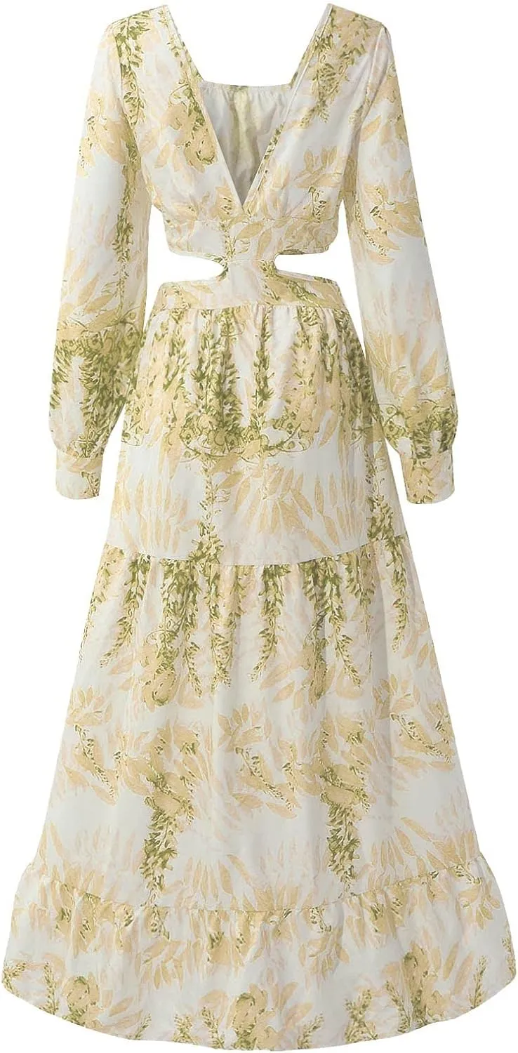 Boho Dresses for Women 2025 Summer Floral V-Neck Sleeves Puff Sleeve Maxi Dresses Flowy Beach Vacation Hawaiian Dress