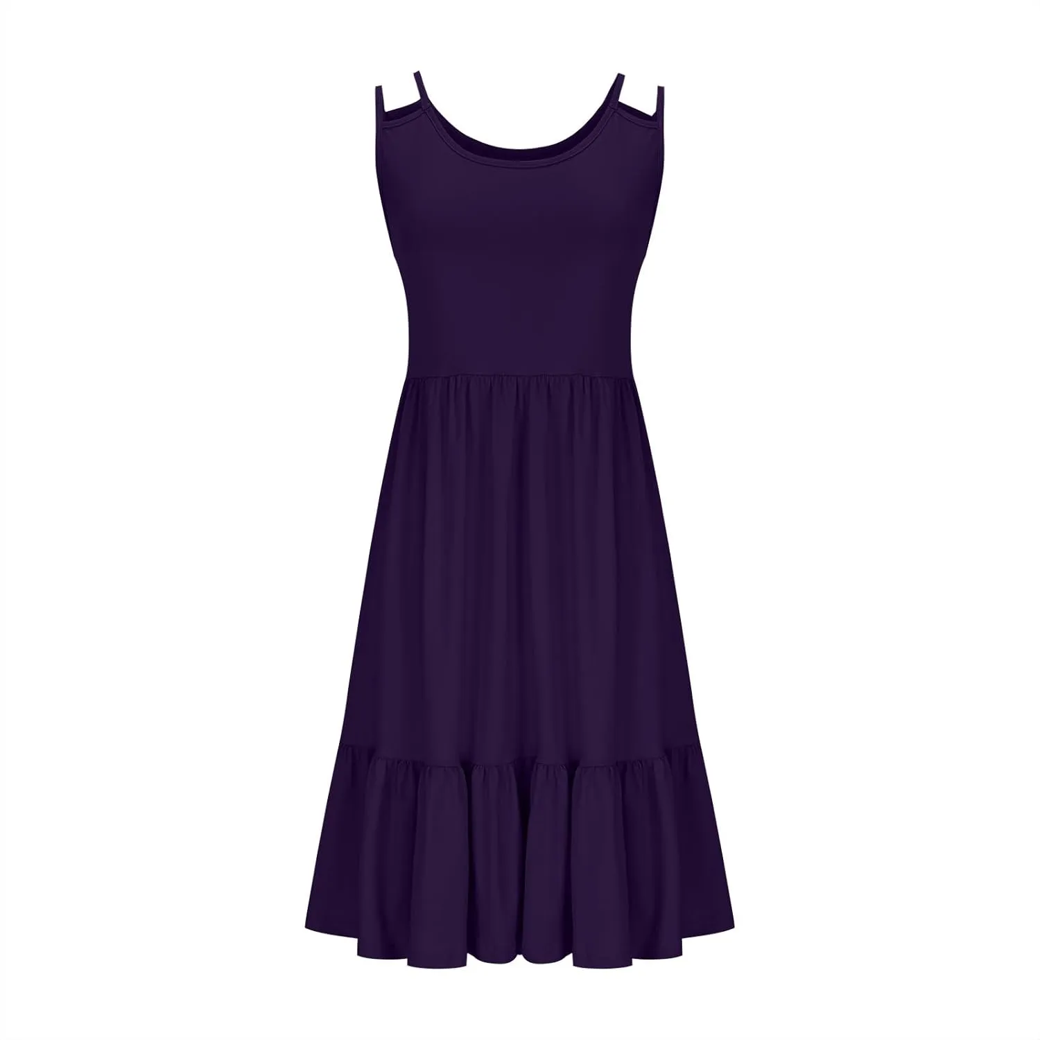 Borniu Women Casual Summer Beach Dresses Plus Size Sundress Scoop Neck Solid Flowy Swing Tank Sleeveless Mid-Length Dress