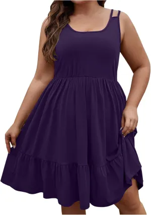 Borniu Women Casual Summer Beach Dresses Plus Size Sundress Scoop Neck Solid Flowy Swing Tank Sleeveless Mid-Length Dress