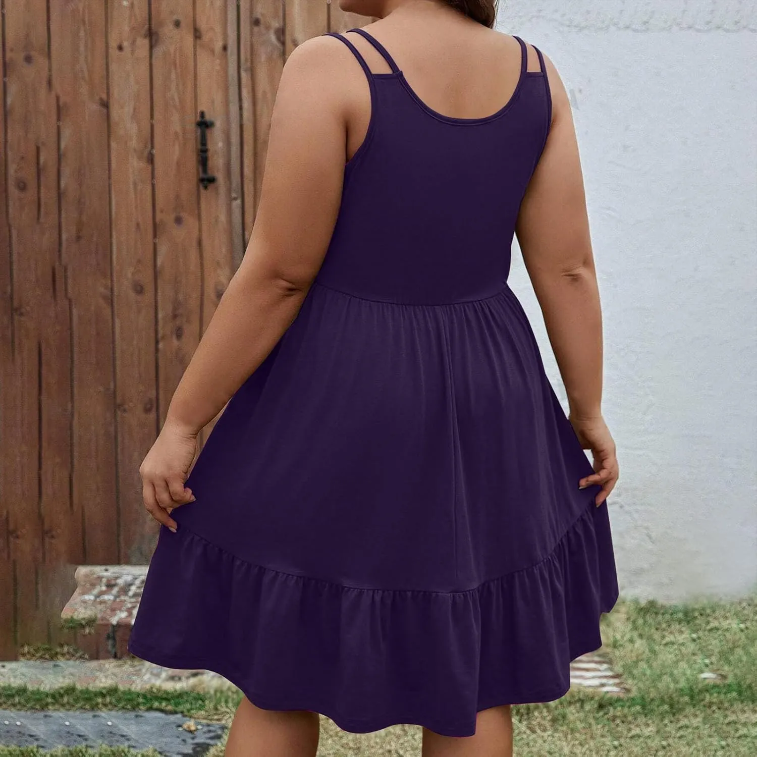 Borniu Women Casual Summer Beach Dresses Plus Size Sundress Scoop Neck Solid Flowy Swing Tank Sleeveless Mid-Length Dress