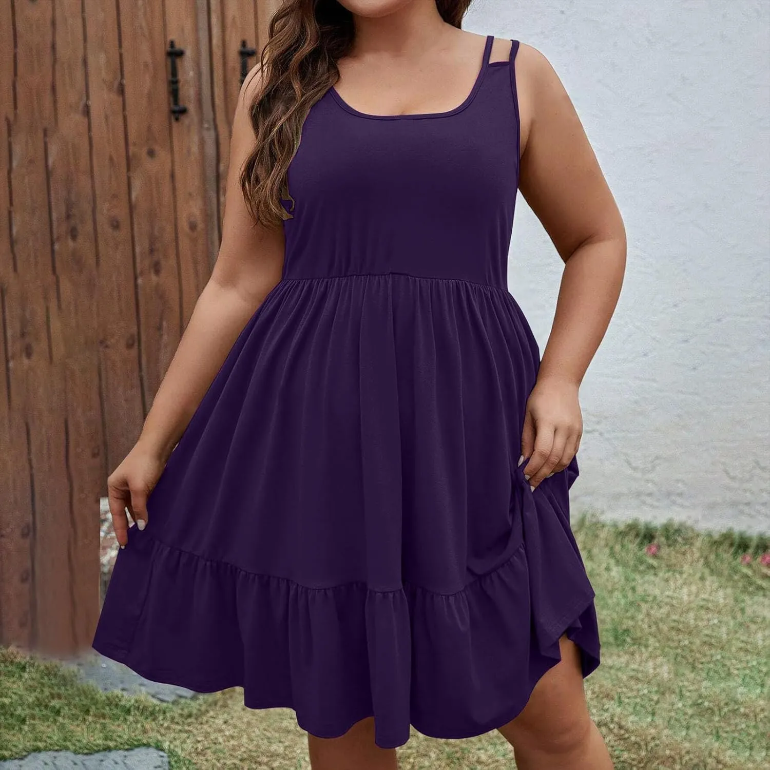 Borniu Women Casual Summer Beach Dresses Plus Size Sundress Scoop Neck Solid Flowy Swing Tank Sleeveless Mid-Length Dress