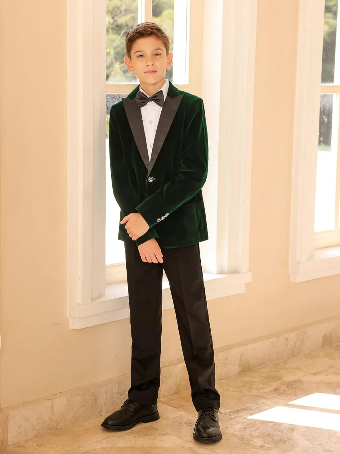 Boyland Boys Tuxedo Suit Velvet Peak Lapel Vintage 2 Pieces Slim Fit Jacket Pants Suit Set Prom Party