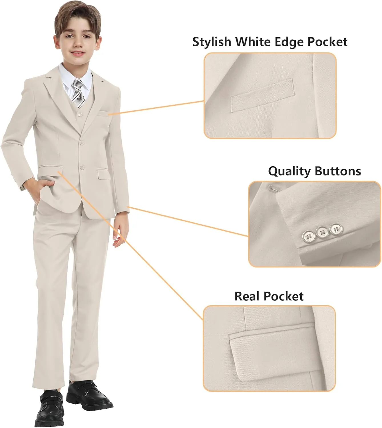 Boy's Formal Suit 7 Piece Slim Fit Tuxedo for Kids Teen Boys Jacket Vest and Pants Set for Wedding with Bow Tie Suspenders