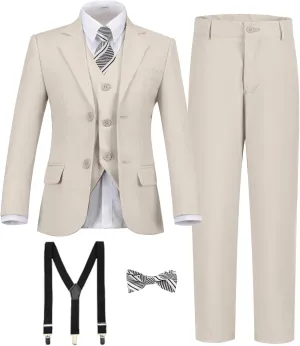 Boy's Formal Suit 7 Piece Slim Fit Tuxedo for Kids Teen Boys Jacket Vest and Pants Set for Wedding with Bow Tie Suspenders