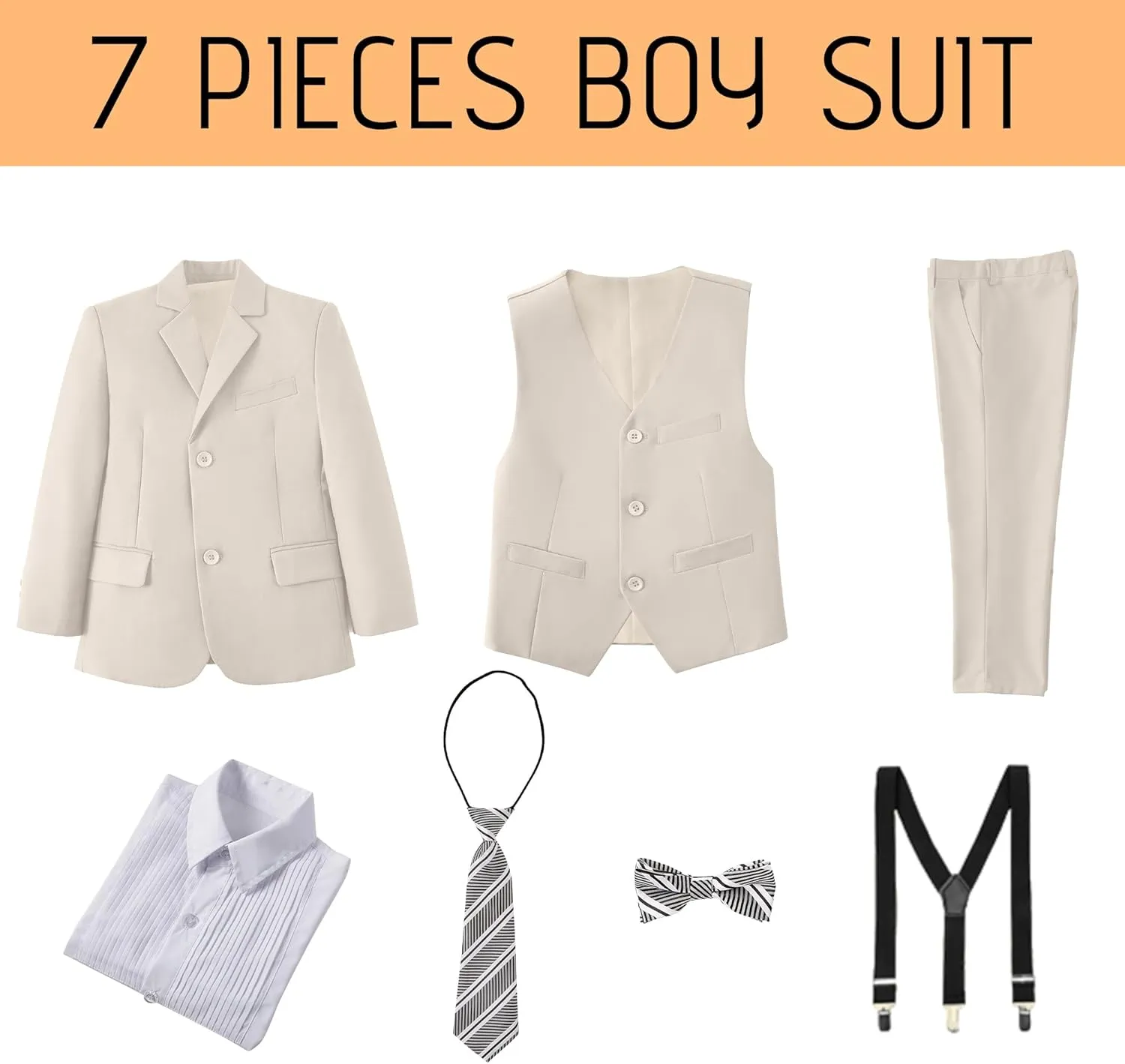Boy's Formal Suit 7 Piece Slim Fit Tuxedo for Kids Teen Boys Jacket Vest and Pants Set for Wedding with Bow Tie Suspenders