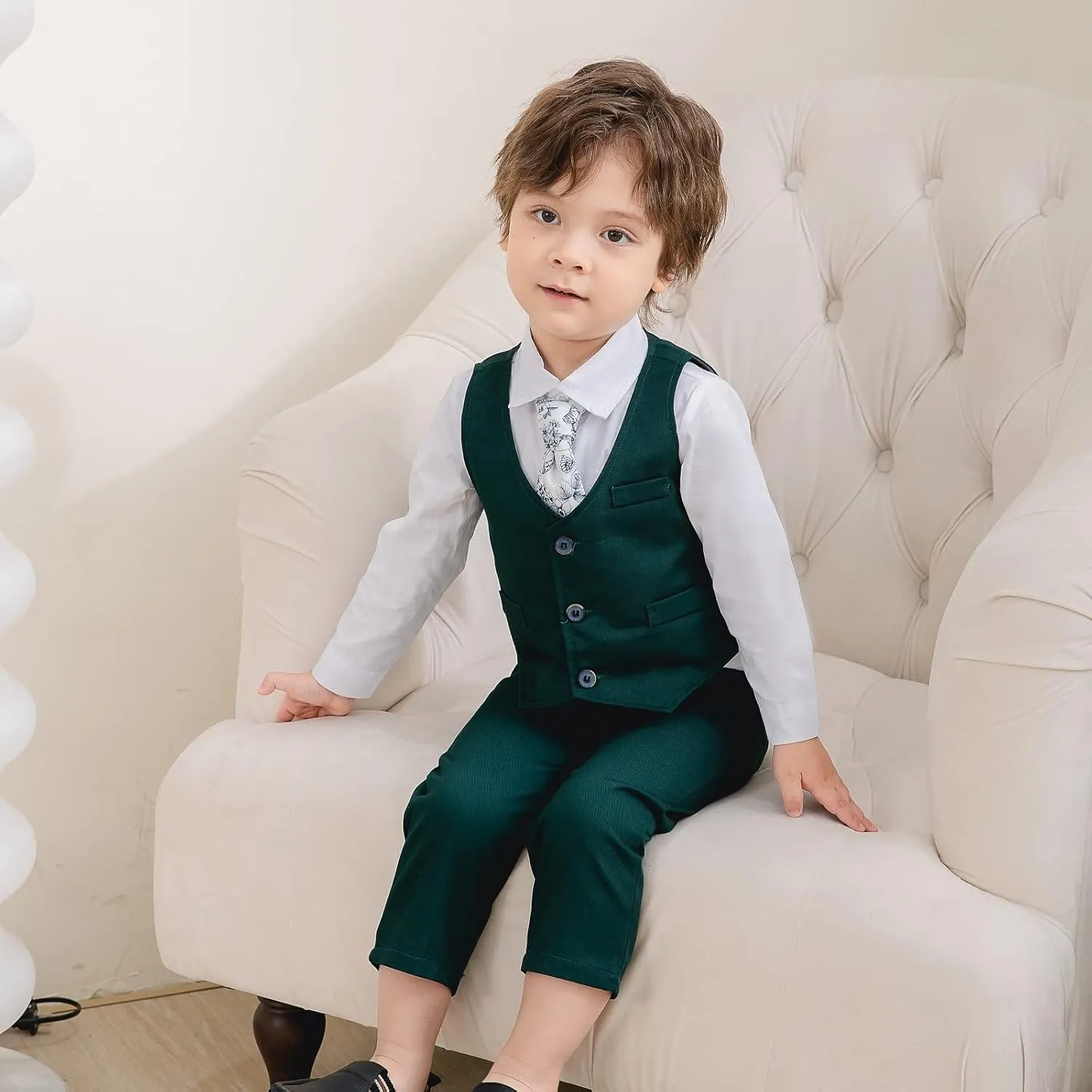 Boys Gentleman Suits Toddler Kids Wedding Outfit Clothes 4 Pieces Dress Shirt & Pants & Vest Set with Bowtie, 2-8 Years