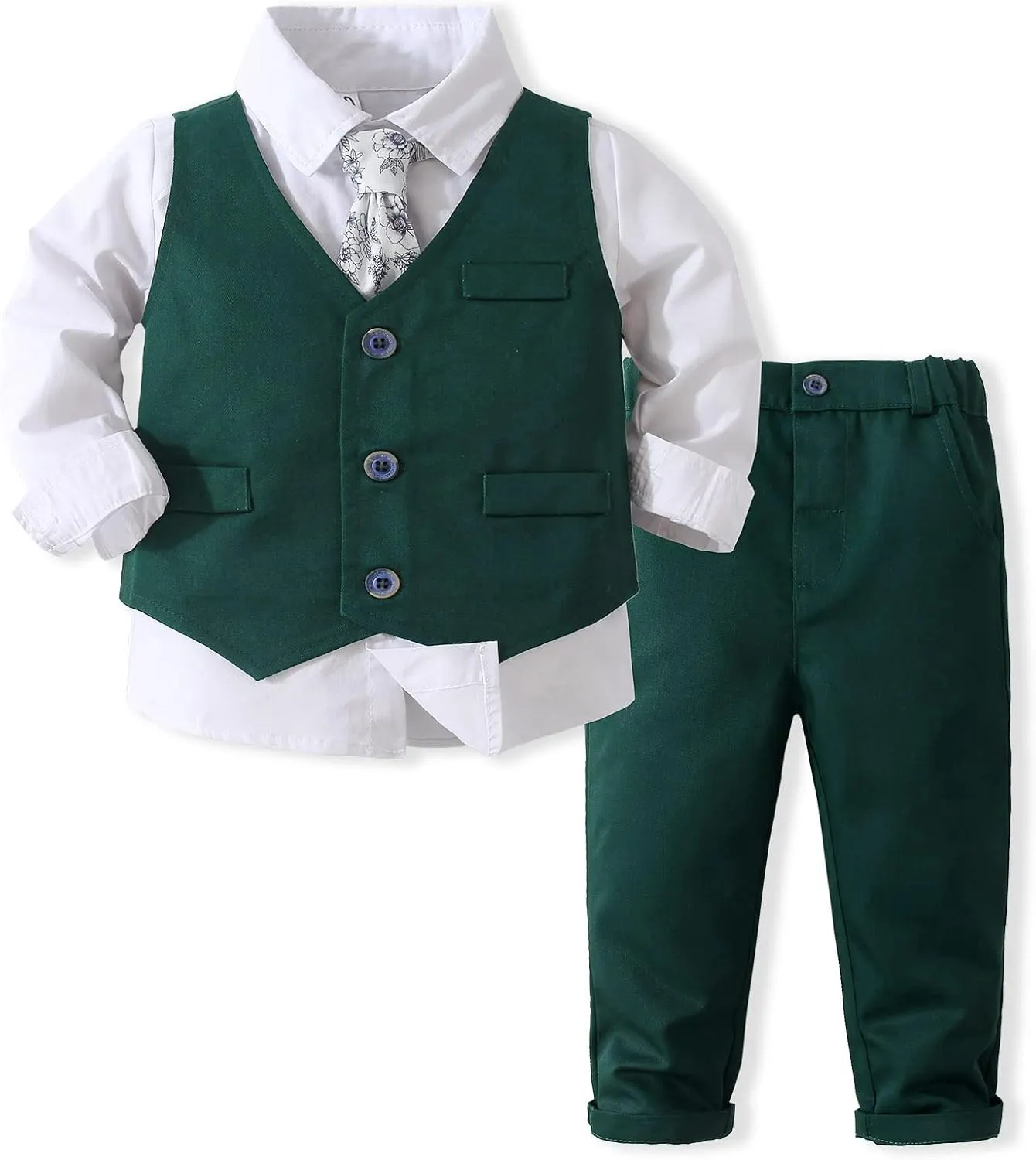 Boys Gentleman Suits Toddler Kids Wedding Outfit Clothes 4 Pieces Dress Shirt & Pants & Vest Set with Bowtie, 2-8 Years