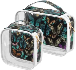 Butterflies-colors1 2 Pack Clear Toiletry Bag Women Men, Portable Waterproof Clear Pouch, Cosmetic Bag with Double Zippers Large Opening Traveling with Handle for Bathroom Traveling Vacation Organizin