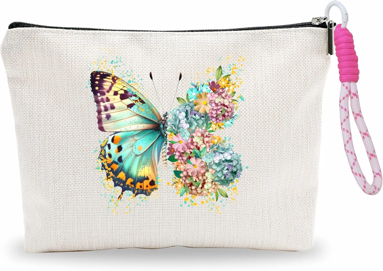 Butterfly Make Up Bag With Pink Hand Strap,Cosmetic Bag For Women,Travel Zipper Bag,Period Bag For Girls,Gift For Niece Friends,Makeup Bag Organizer,Women Essentials-A02