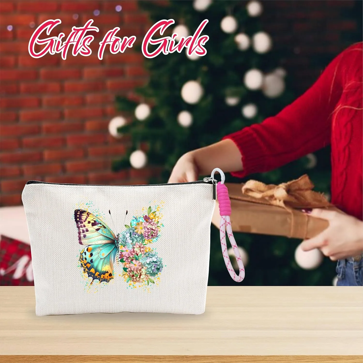 Butterfly Make Up Bag With Pink Hand Strap,Cosmetic Bag For Women,Travel Zipper Bag,Period Bag For Girls,Gift For Niece Friends,Makeup Bag Organizer,Women Essentials-A02