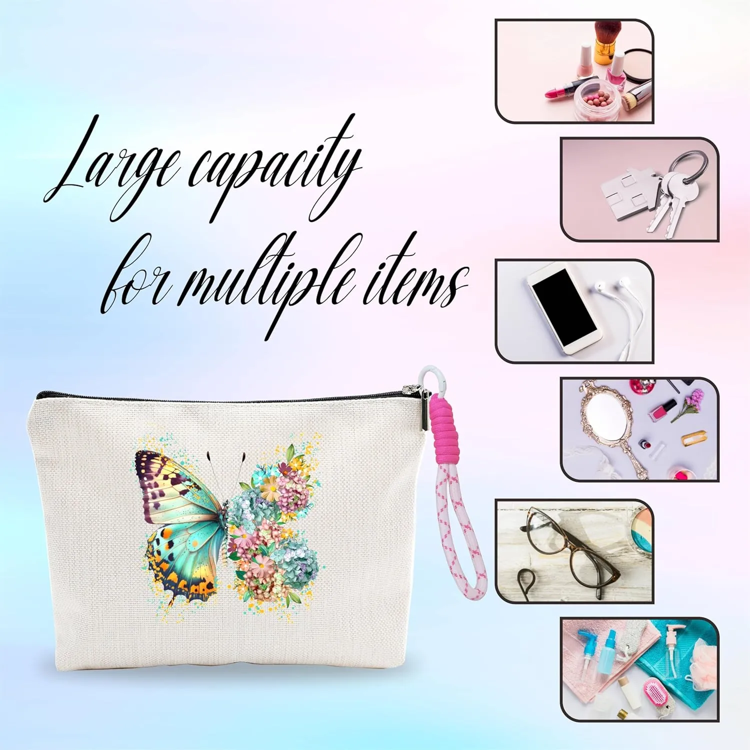 Butterfly Make Up Bag With Pink Hand Strap,Cosmetic Bag For Women,Travel Zipper Bag,Period Bag For Girls,Gift For Niece Friends,Makeup Bag Organizer,Women Essentials-A02