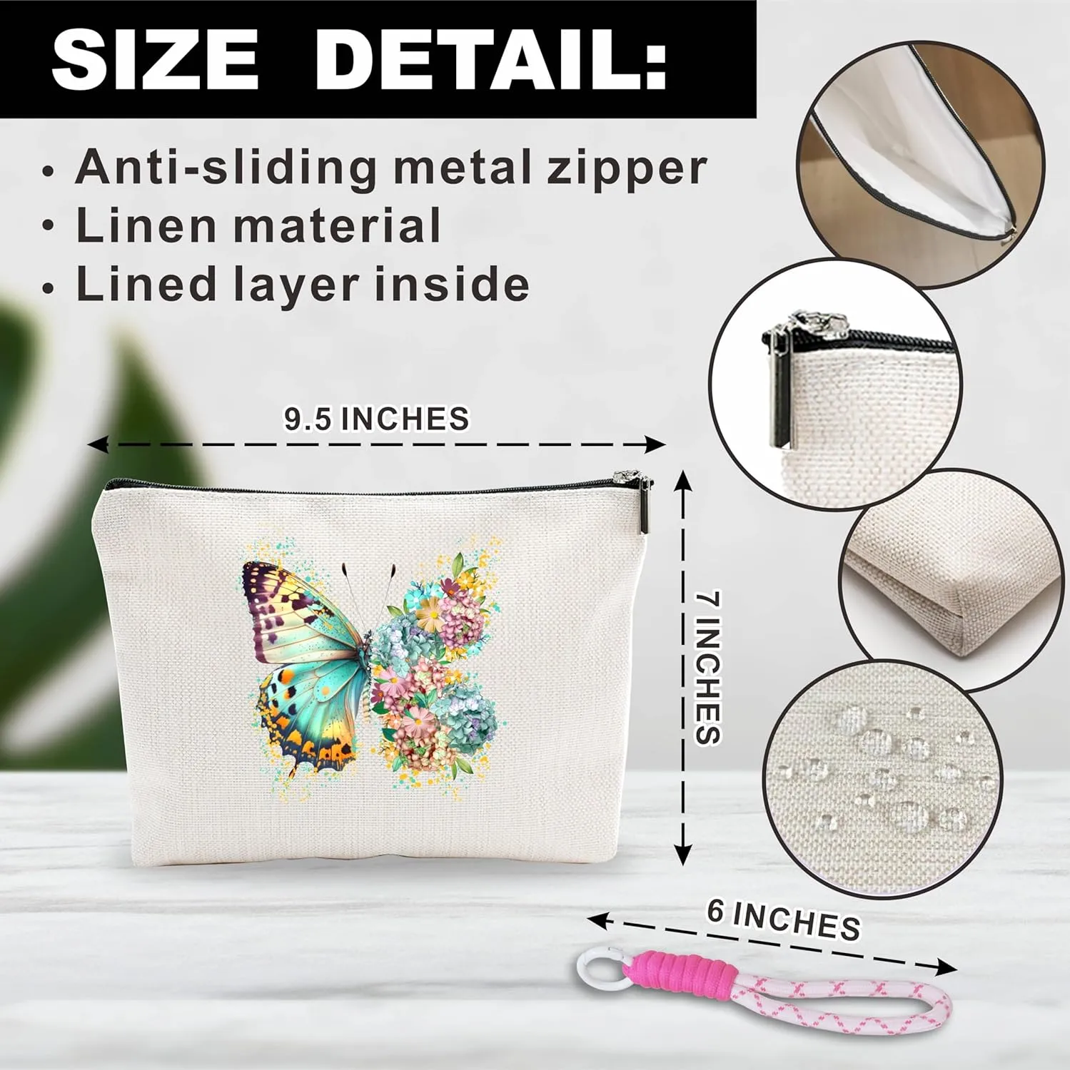 Butterfly Make Up Bag With Pink Hand Strap,Cosmetic Bag For Women,Travel Zipper Bag,Period Bag For Girls,Gift For Niece Friends,Makeup Bag Organizer,Women Essentials-A02