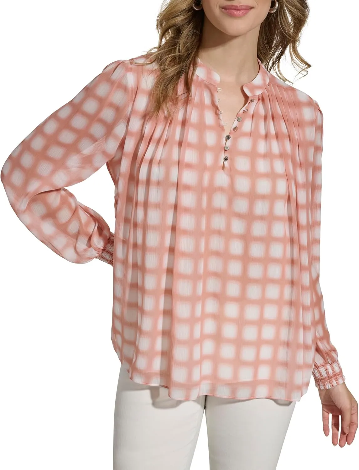 Calvin Klein Women's Printed Shirred Long Sleeve Blouse