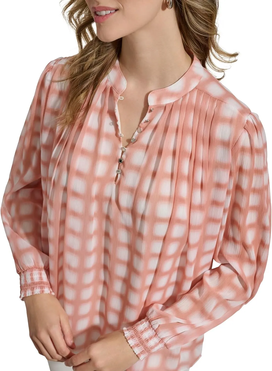 Calvin Klein Women's Printed Shirred Long Sleeve Blouse