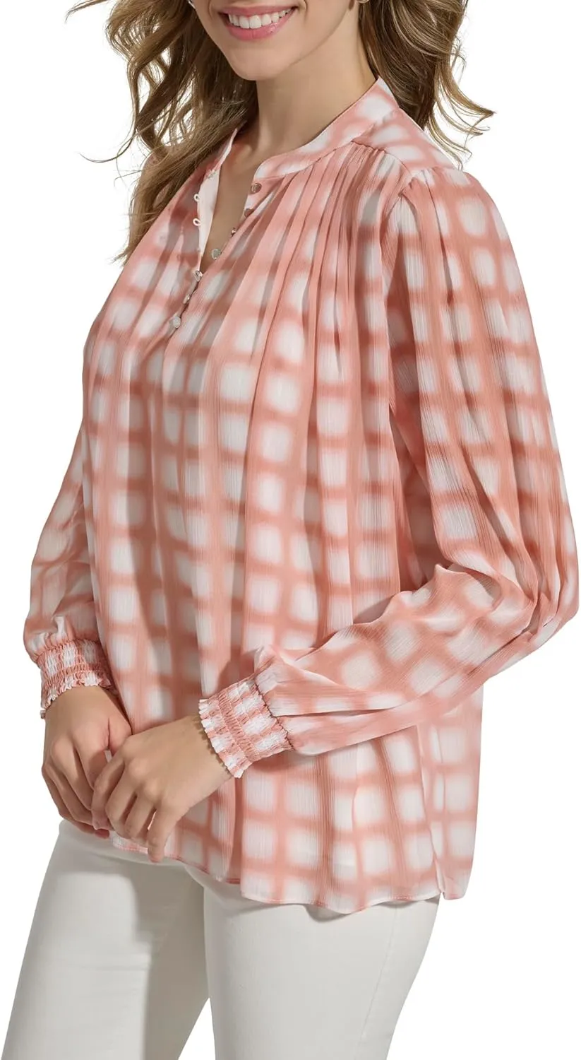 Calvin Klein Women's Printed Shirred Long Sleeve Blouse