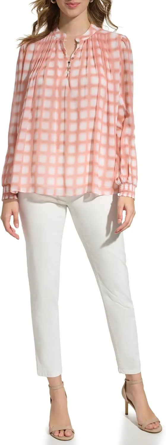 Calvin Klein Women's Printed Shirred Long Sleeve Blouse