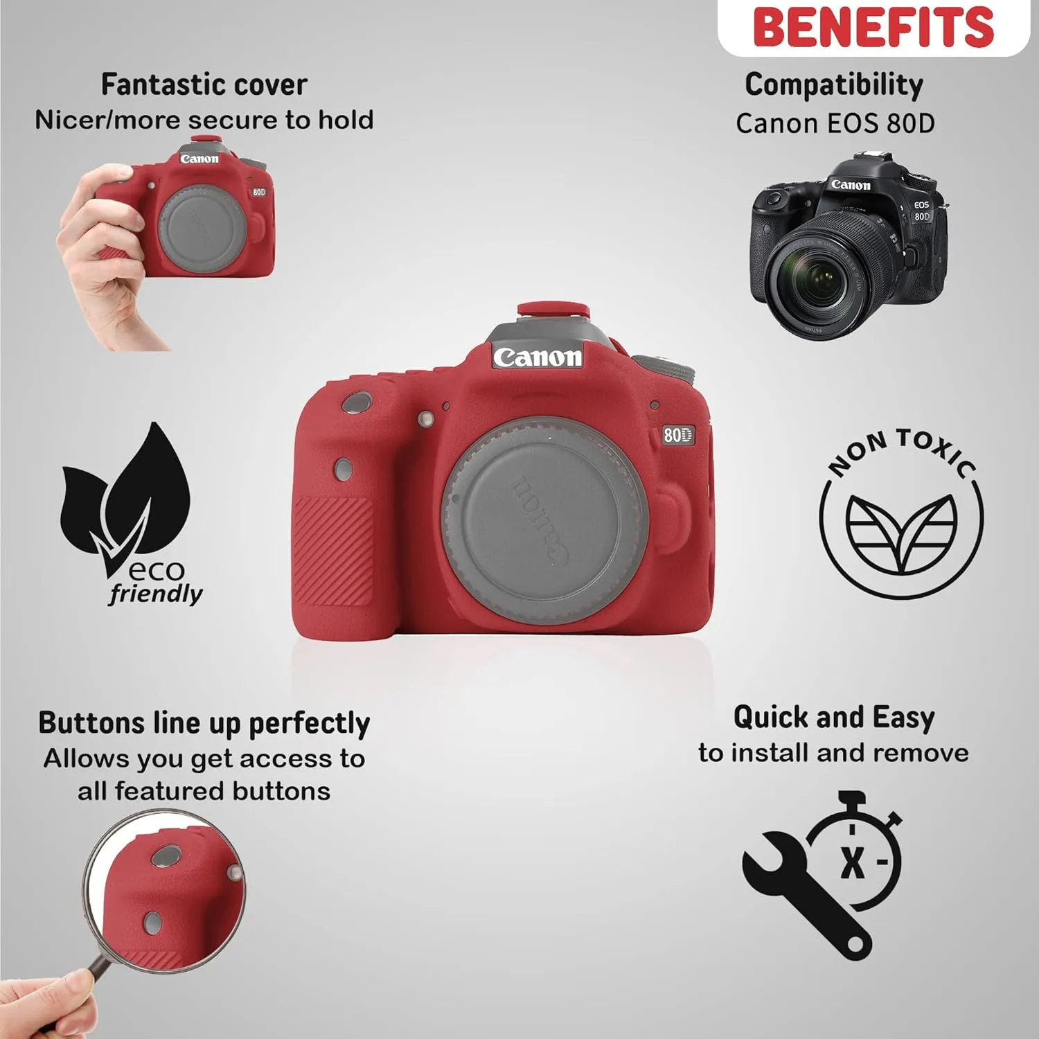 Camera Case for Canon EOS 80D - Protective Silicone DSLR Skin Cover, Detachable Cage, Shockproof, Dustproof(RedOrange)