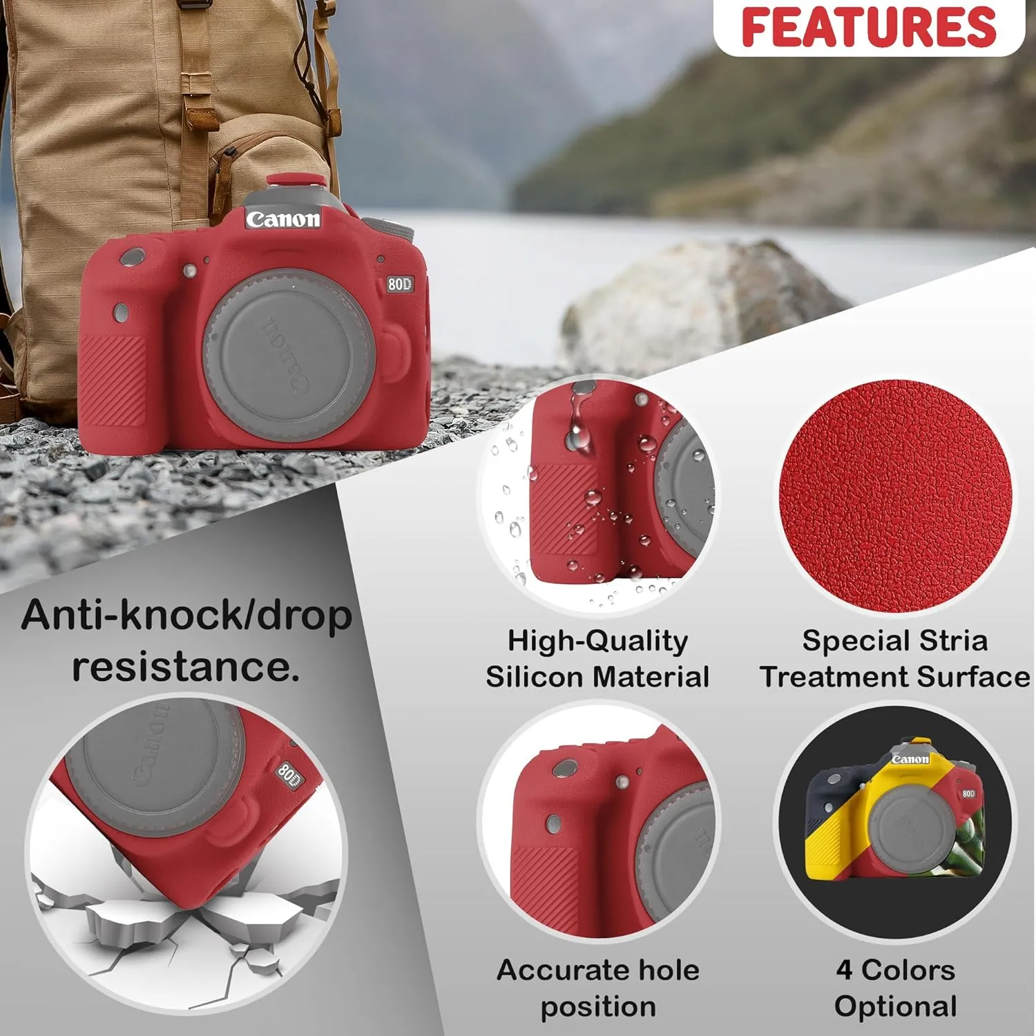 Camera Case for Canon EOS 80D - Protective Silicone DSLR Skin Cover, Detachable Cage, Shockproof, Dustproof(RedOrange)