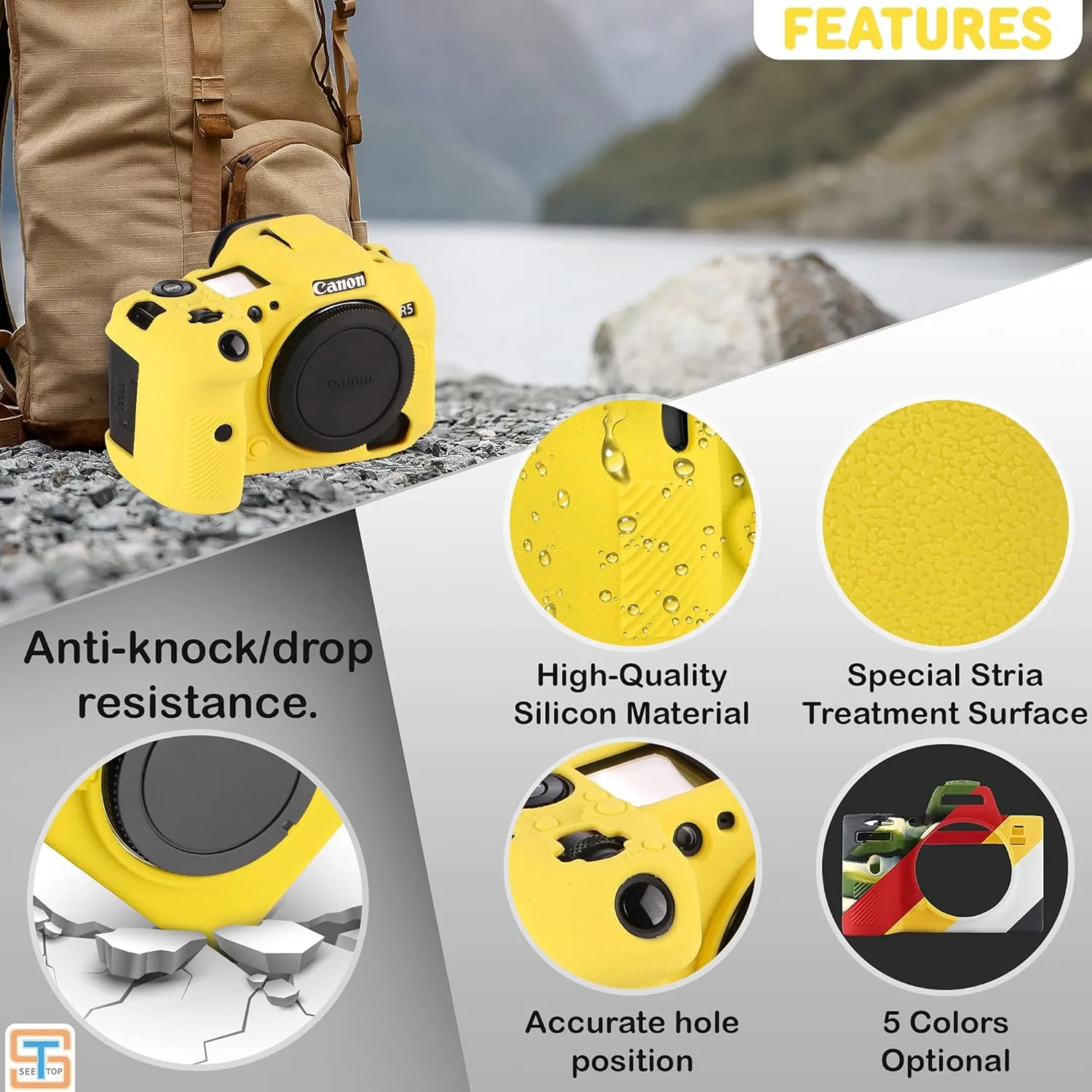 Camera Case for Canon R5 - Silicone Protective DSLR Skin Cover, Detachable Cage, Shockproof, Dustproof (Yellow)