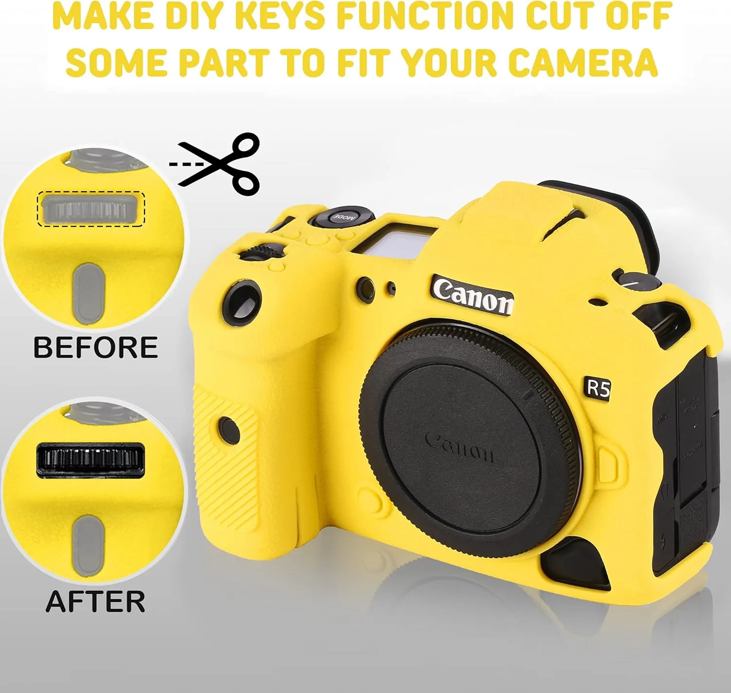 Camera Case for Canon R5 - Silicone Protective DSLR Skin Cover, Detachable Cage, Shockproof, Dustproof (Yellow)