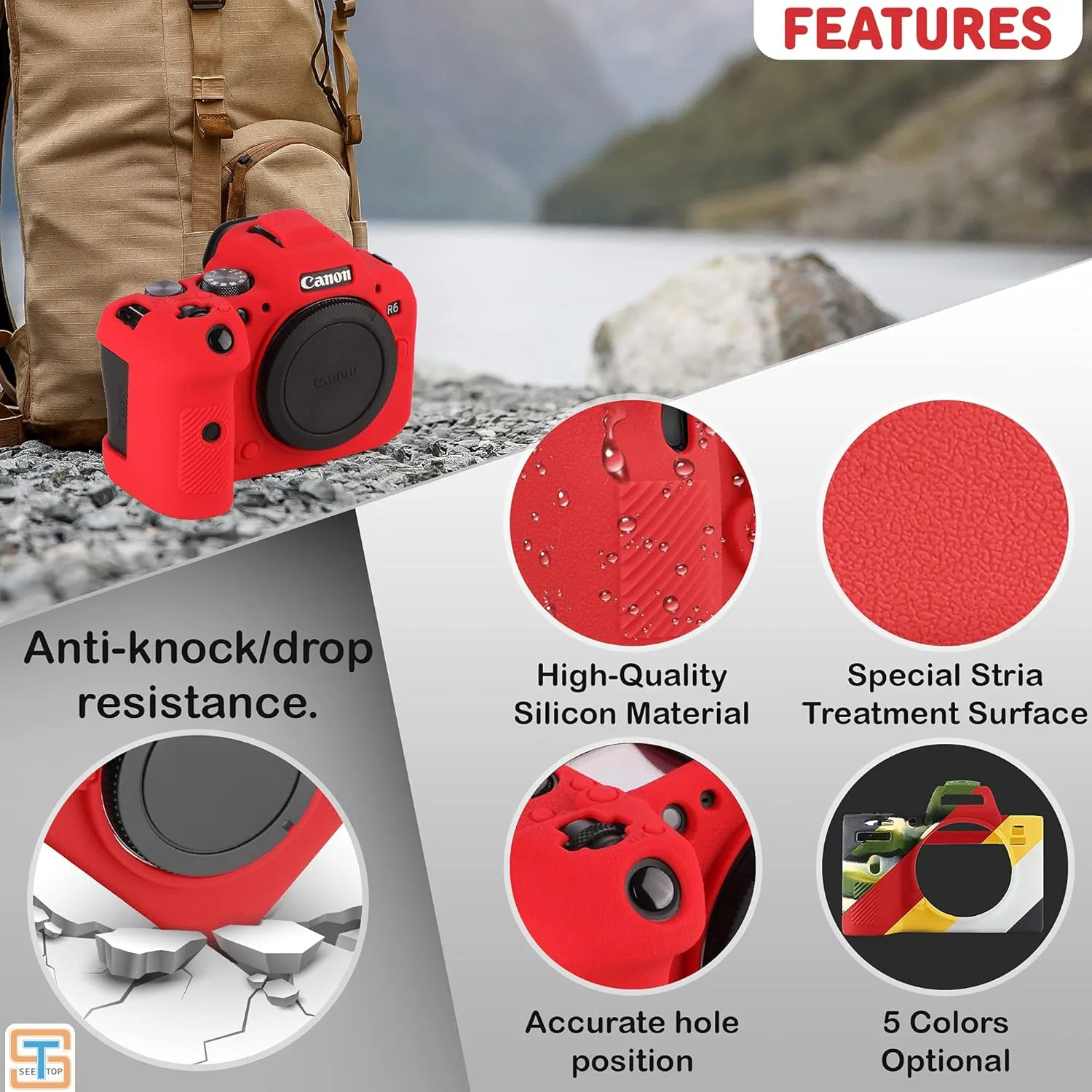 Camera Case for Canon R6 R6II - Silicone Protective DSLR Skin Cover, Detachable Cage, Shockproof, Dustproof (Red)