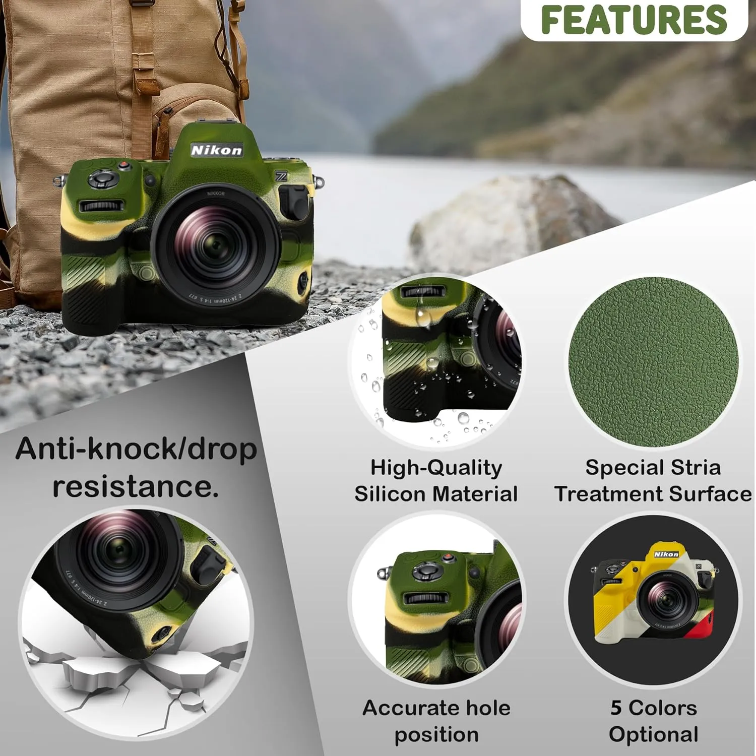 Camera Case for Nikon Z8 - Protective Silicone DSLR Skin Cover, Detachable Cage, Shockproof, Dustproof (Army Green)
