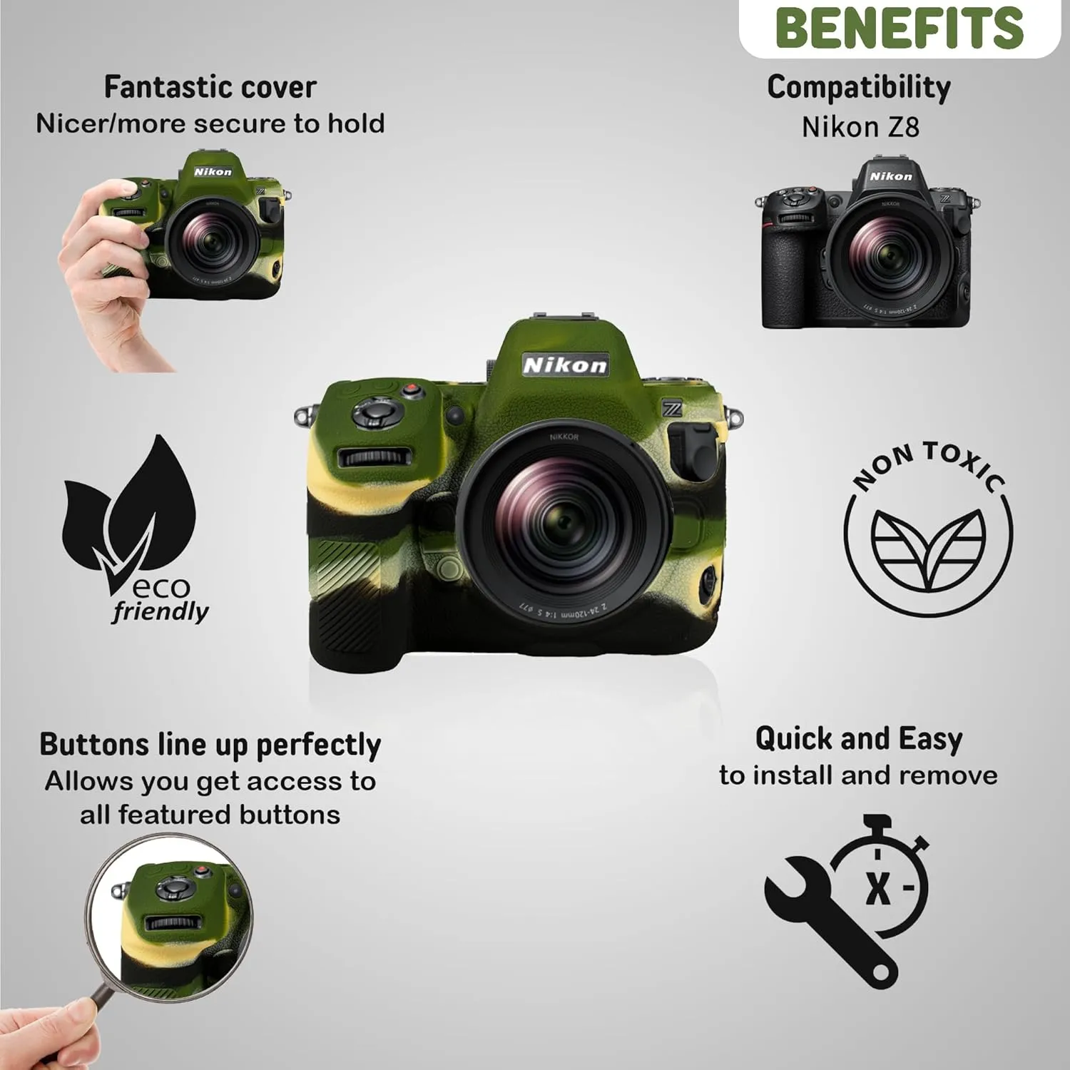 Camera Case for Nikon Z8 - Protective Silicone DSLR Skin Cover, Detachable Cage, Shockproof, Dustproof (Army Green)