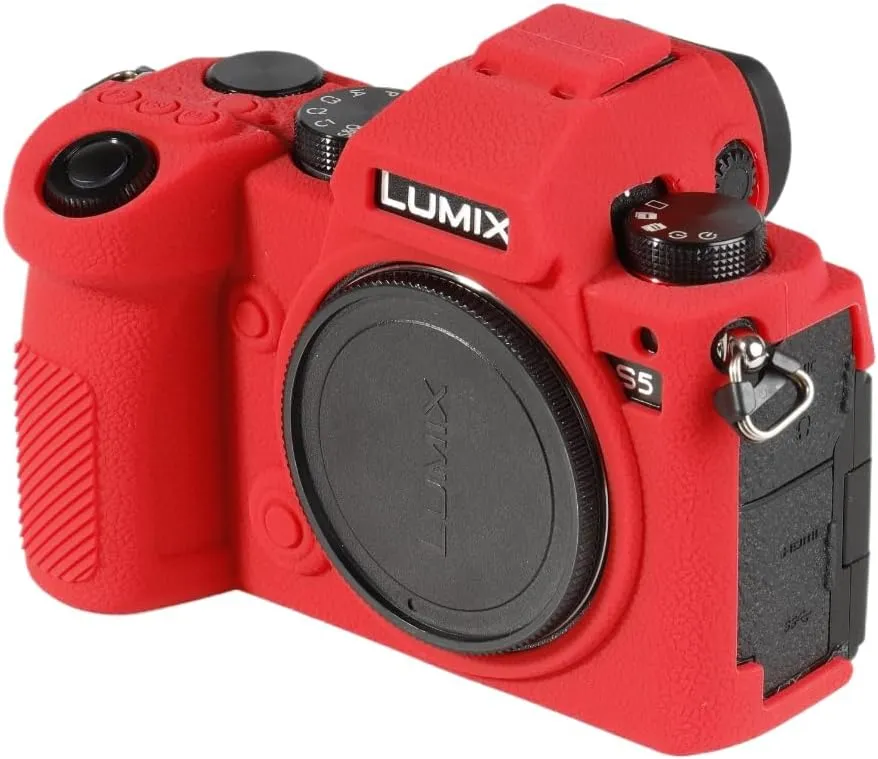 Camera Case for Panasonic Lumix S5 - Protective Silicone DSLR Skin Cover, Detachable Cage, Shockproof, Dustproof (Red)