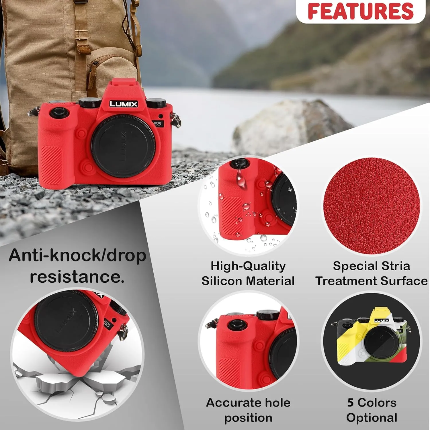 Camera Case for Panasonic Lumix S5 - Protective Silicone DSLR Skin Cover, Detachable Cage, Shockproof, Dustproof (Red)