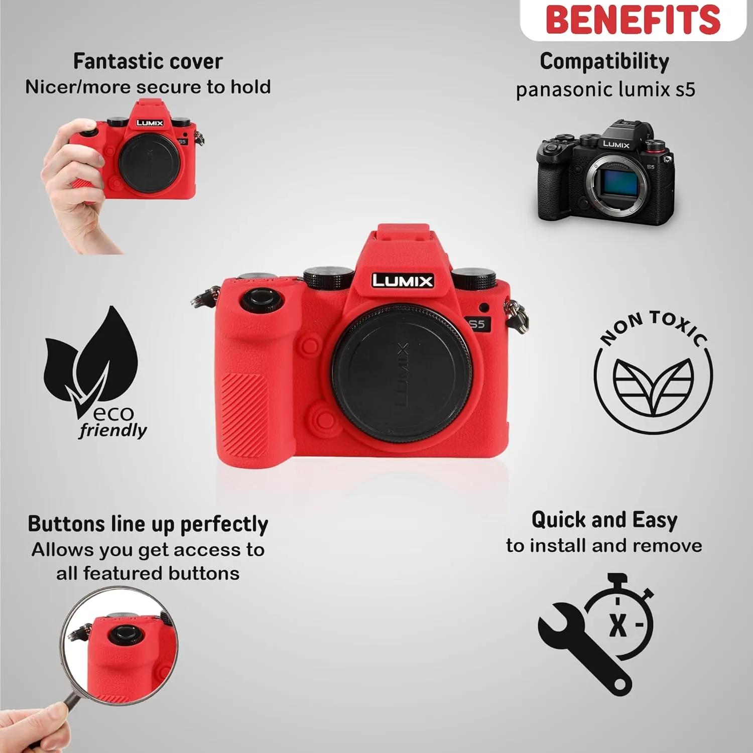 Camera Case for Panasonic Lumix S5 - Protective Silicone DSLR Skin Cover, Detachable Cage, Shockproof, Dustproof (Red)